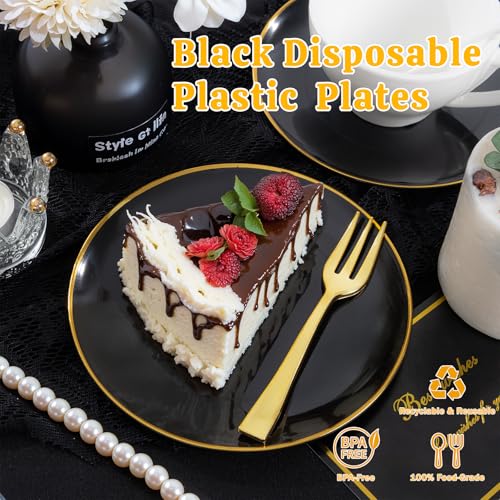 Festiva 400Pcs Black Gold Dessert Plates 6.3" with Forks 5"- 200PCS Small Disposable Dessert/Cake/Appetizer Plates and 200PCS Forks - Serve 200 Guests for Birthday Party& Wedding - Image 4