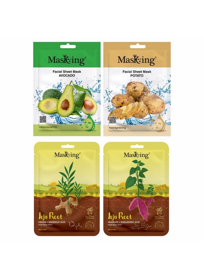 MASKING Beauty and Jeju Facial sheet mask combo set for skin Nourishing, Ideal for men and Women, Pack of 4 - Image 1