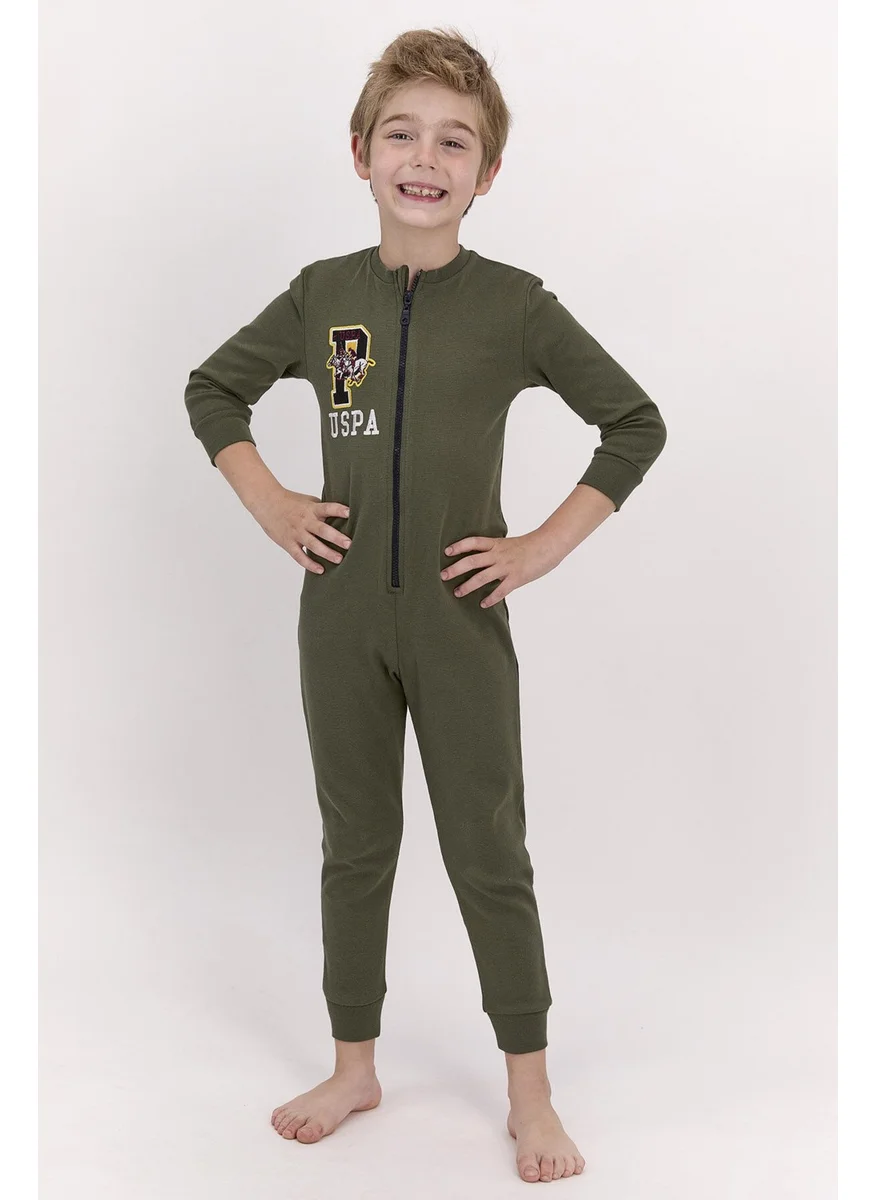 يو اس بولو اسن U.S.Polo Assn Licensed Khaki Boy's Zippered Long Sleeve Jumpsuit