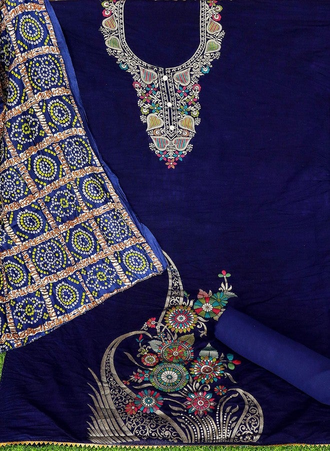مانفا فستان MANVAA نسائي أزرق غير مخيط وحدود فاخرة مع وشاح جاكار مطبوع من Bandhani (RNXMGD1004) - Image 5