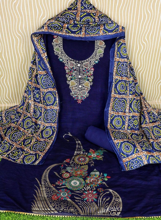 مانفا فستان MANVAA نسائي أزرق غير مخيط وحدود فاخرة مع وشاح جاكار مطبوع من Bandhani (RNXMGD1004) - Image 3