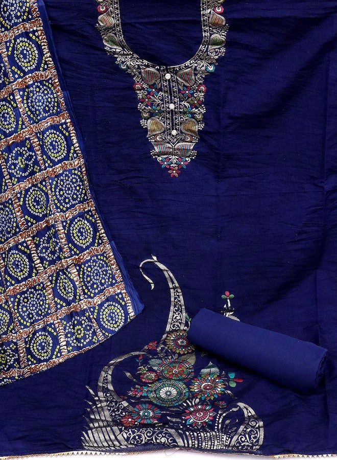 مانفا فستان MANVAA نسائي أزرق غير مخيط وحدود فاخرة مع وشاح جاكار مطبوع من Bandhani (RNXMGD1004) - Image 2