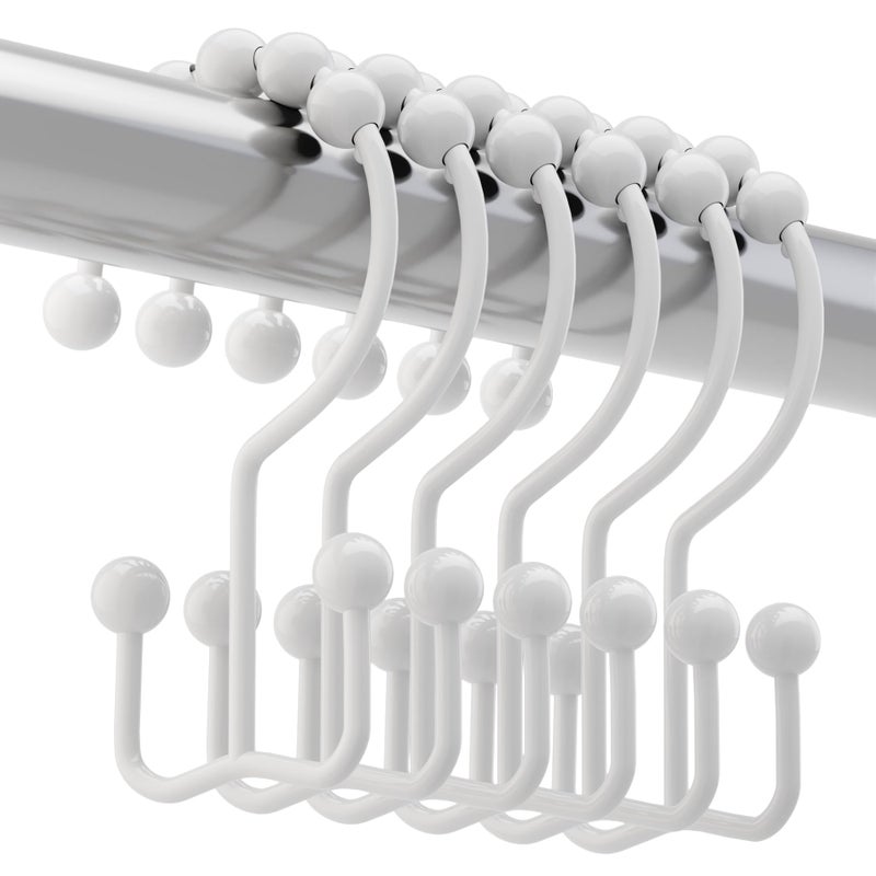 Titanker Shower Curtain Hooks Rings, Rust Resistant Metal Double Glide Shower Hooks for Bathroom Shower Rods Curtains, Set of 12 Hooks - White - Image 1