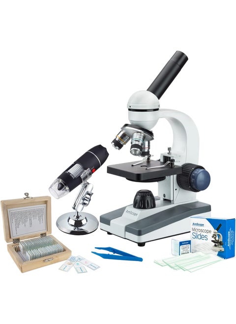 AmScope Super Savings  40X1000X Portable LED Monocular Student Microscope with 25Piece Prepared Slides Set and Tweezers Plus Bonus Handheld MultiUSB Digital Microscope for PC and Android