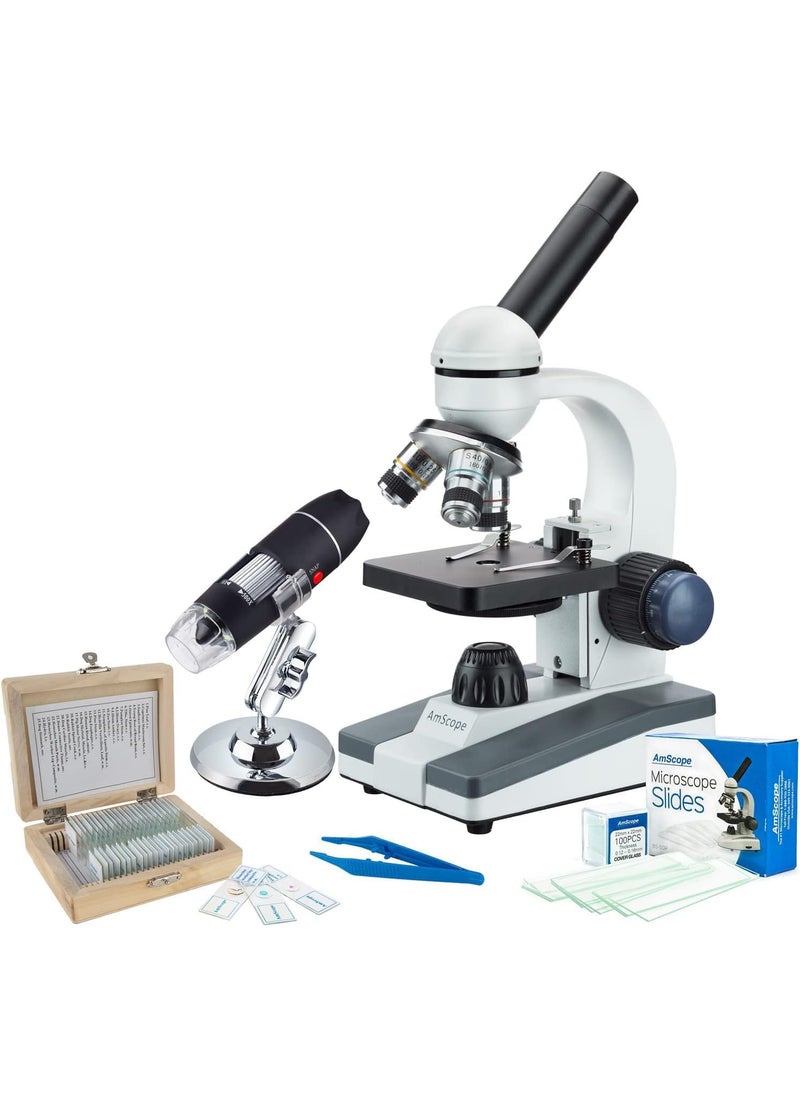 AmScope AmScope Super Savings  40X1000X Portable LED Monocular Student Microscope with 25Piece Prepared Slides Set and Tweezers Plus Bonus Handheld MultiUSB Digital Microscope for PC and Android  - Image 1