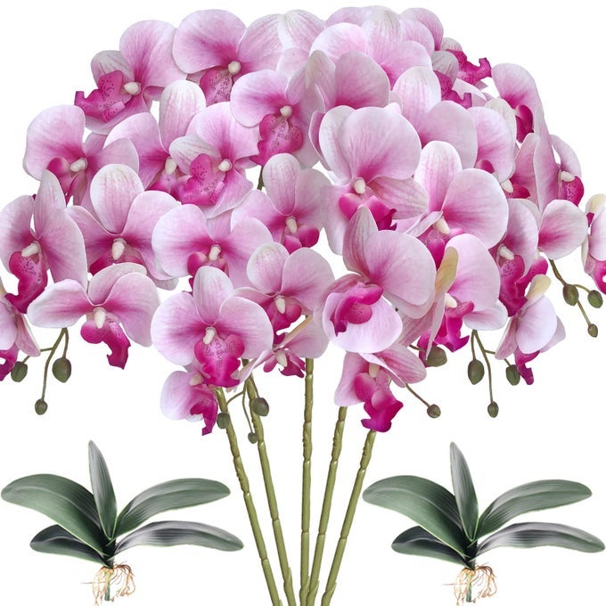 5 Pcs Artificial Orchid Flowers and 2 Bundles LeavesArtificial Phalaenopsis Flowers 32 Inch Stem Plants for Home Wedding Decoration White Flower Purple Core