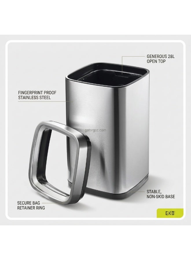 EKO LAGUNA SERIES | Brushed Stainless Steel Finish | Fingerprint-Resistant | Open-Top Trash Bin | Metallic Grey | Medium | 28L - Image 2