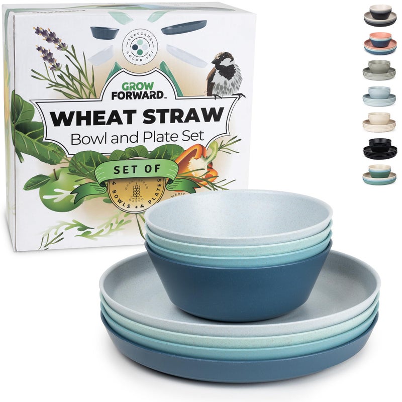 Grow Forward Premium Wheat Straw Plates and Bowls Sets - 8-Piece Wheat Straw Dinnerware Sets - Unbreakable & Reusable Microwave Safe Plastic Dinner Plates for Outdoors, RV, Camping Dishes - Seascape - Image 1