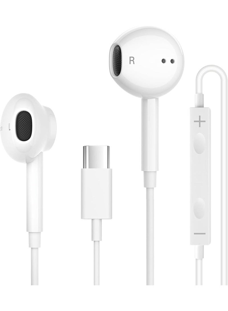 Type-C Wired Earphones with Mic & Volume Control, USB-C Stereo In-Ear Headphones with Noise Isolation, High-Quality Sound, Comfortable Fit for Type-C Smartphones, Tablets & Laptops – White - Image 1