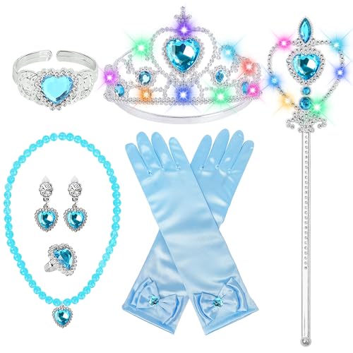 STOPKLAS Princess Dress Up Accessories Light Up Wand Crown 7Pcs Princess Dress Up Set with Gloves Tiara Necklace Earrings Bracelet and Ring Gift Set for 36 Toddler Kids Girls Cosplay Party Blue - Image 1