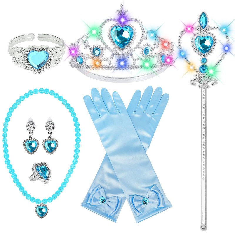 STOPKLAS Princess Dress Up Accessories Light Up Wand Crown 7Pcs Princess Dress Up Set with Gloves Tiara Necklace Earrings Bracelet and Ring Gift Set for 36 Toddler Kids Girls Cosplay Party Blue - Image 3