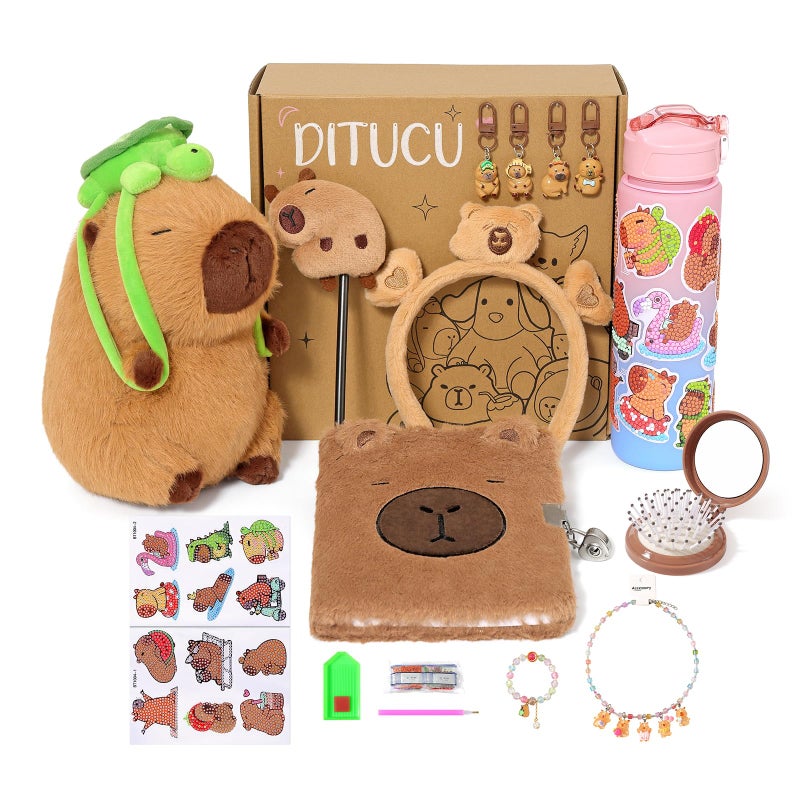 Ditucu Turtle Capybara Plush Gifts for Girls 4 5 6 7 8 9 10 Years Old with Stuffed AnimalStickersWater BottleKeychainsDiaryPenHeadbandCombNecklaceBracelet Plushies Toys Set - Image 3