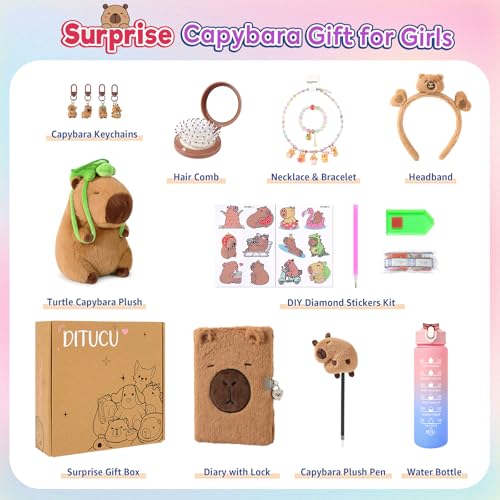 Ditucu Turtle Capybara Plush Gifts for Girls 4 5 6 7 8 9 10 Years Old with Stuffed AnimalStickersWater BottleKeychainsDiaryPenHeadbandCombNecklaceBracelet Plushies Toys Set - Image 5