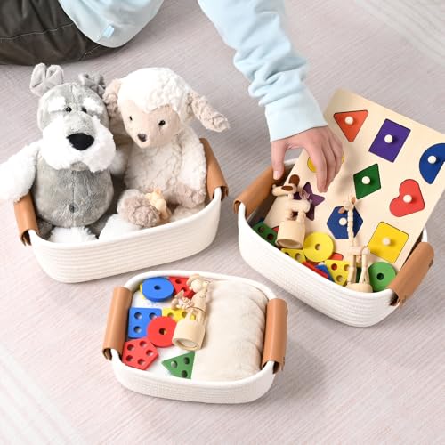 Degeyoyo Storage Baskets for Organizing Small Woven Basket Set of 64 Shelf Basket with Leather Handle and 2 Small Gift Baskets Cotton Rope Basket for Shelves Nursery Dog Toy Bathroom - Image 3