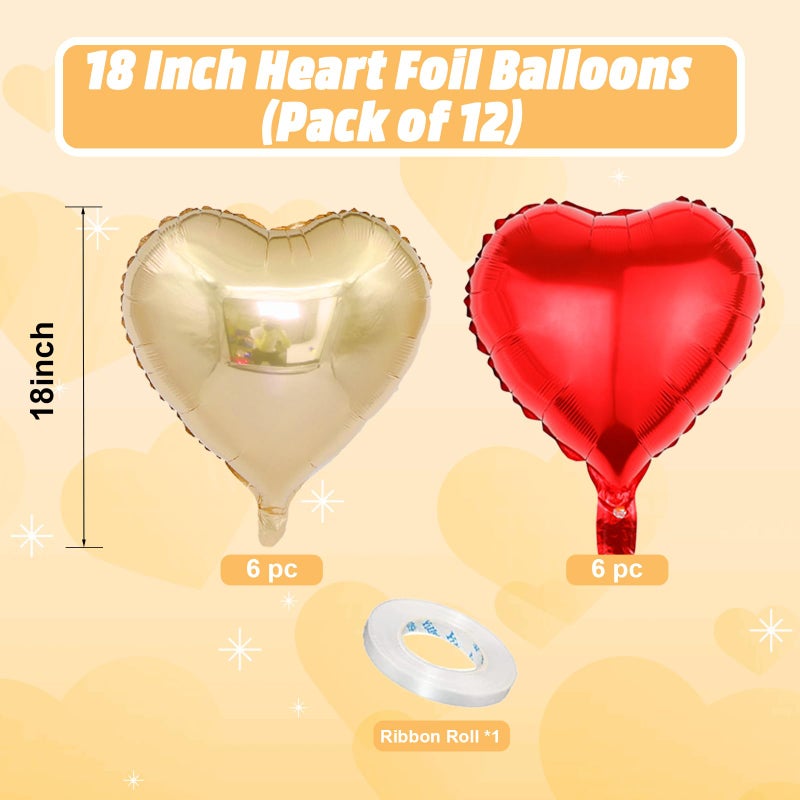 Vibzox Red Gold Heart Balloons, 18 Inch Red and Champagne Gold Heart Shape Balloons, 12PCS Large Heart Helium Foil Love Balloon for Birthday Baby Shower Engagement Christmas Party New Year Party Decorations - Image 2
