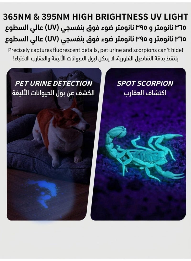 كشاف الأشعة فوق البنفسجية (UV) LED قابل للشحن 365 نانومتر - كشاف يدوي صغير محمول للكشف عن بول الحيوانات الأليفة، الفطريات، سعفة القطط، والعقارب - كشاف عقارب وضوء أسود مثالي للاستخدام المنزلي والرحلات - كشاف اشعة فوق بنفسجية و كشاف العقارب - Image 3