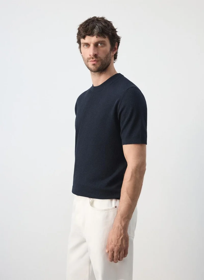 Mango Man 56-NAVY Fine Knit Cotton Blend T-Shirt for Men | Best Price UAE