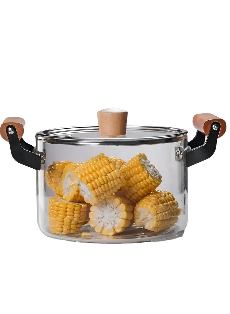 5.5L Kitchen Cooking Saucepan With Lid And Double Wooden Handle Glass Saucepan, Heat-resistant Glass Stovetop Clear Cooktop Safe for Pasta Noodle, Soup, Milk  - Image 1