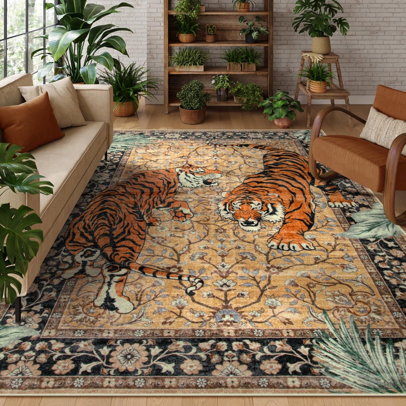 Moynesa Tiger 6x9 Rug Washable Large Rugs for Living Room Vintage Non Slip Boho Bedroom Area Rug Ultra Thin Soft Indoor Floor Carpet for Dining Room Home Office Camel - Image 2