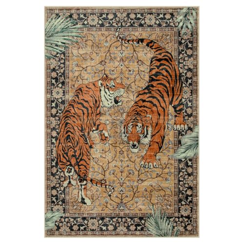 Moynesa Tiger 6x9 Rug Washable Large Rugs for Living Room Vintage Non Slip Boho Bedroom Area Rug Ultra Thin Soft Indoor Floor Carpet for Dining Room Home Office Camel - Image 3
