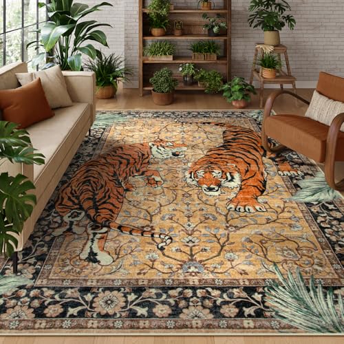 Moynesa Tiger 6x9 Rug Washable Large Rugs for Living Room Vintage Non Slip Boho Bedroom Area Rug Ultra Thin Soft Indoor Floor Carpet for Dining Room Home Office Camel - Image 1