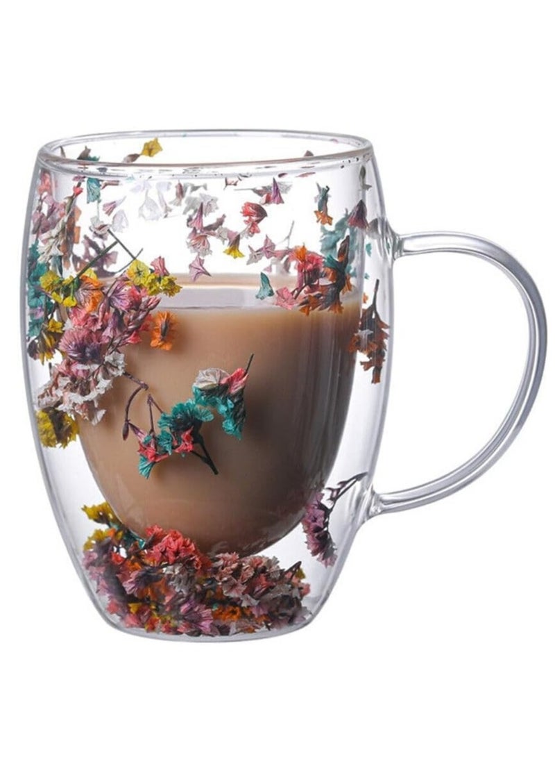 Double glass mug filled with dried flowers that can withstand heat and cold, one piece