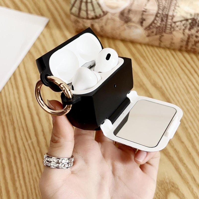For AirPods Pro / Pro 2 Leopard Print Folding Holder Earbuds Protective Case with Mirror(White)