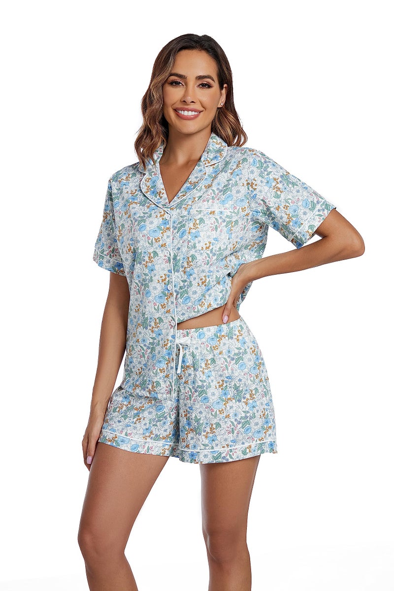 LUBOT 100% Cotton Women's Pajamas Set Short Sleeve Button-Down Shirt PJ Two-piece Set Printed Patterned Summer Night Suit Sleepwear Loungewear (Penoy, M) - Image 2