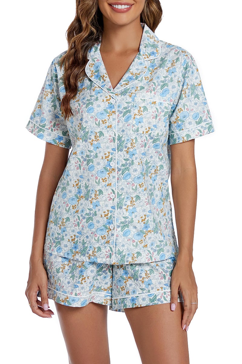 LUBOT 100% Cotton Women's Pajamas Set Short Sleeve Button-Down Shirt PJ Two-piece Set Printed Patterned Summer Night Suit Sleepwear Loungewear (Penoy, M) - Image 1