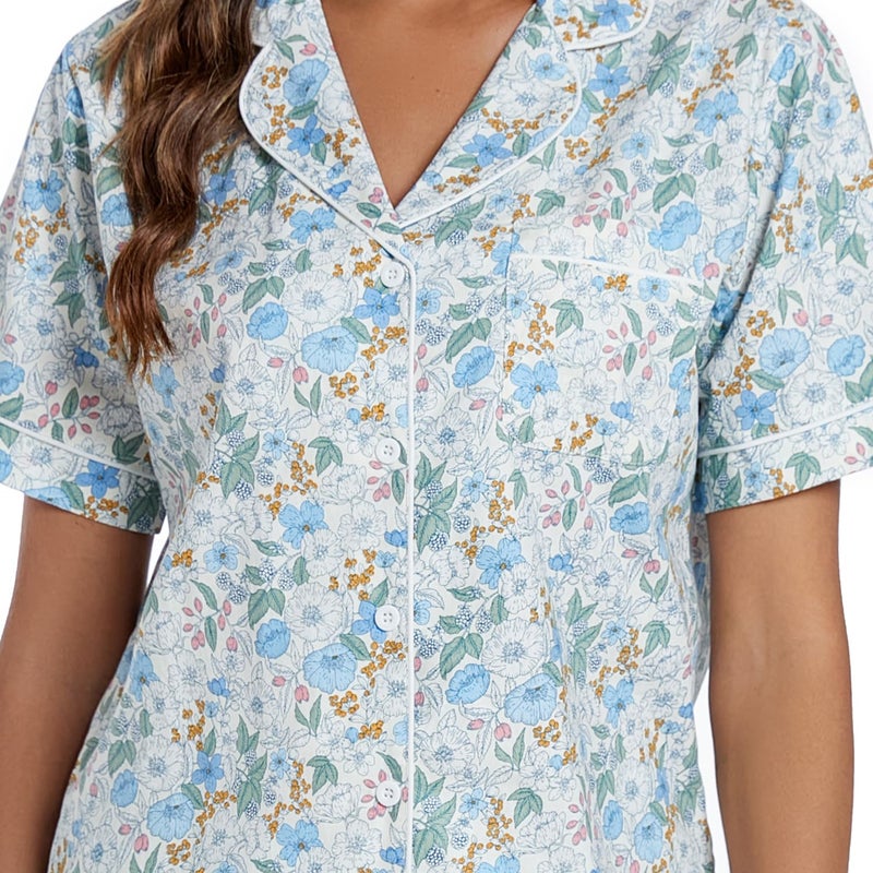 LUBOT 100% Cotton Women's Pajamas Set Short Sleeve Button-Down Shirt PJ Two-piece Set Printed Patterned Summer Night Suit Sleepwear Loungewear (Penoy, M) - Image 3