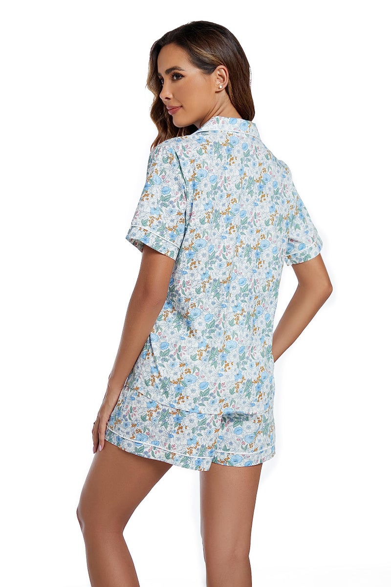 LUBOT 100% Cotton Women's Pajamas Set Short Sleeve Button-Down Shirt PJ Two-piece Set Printed Patterned Summer Night Suit Sleepwear Loungewear (Penoy, M) - Image 4