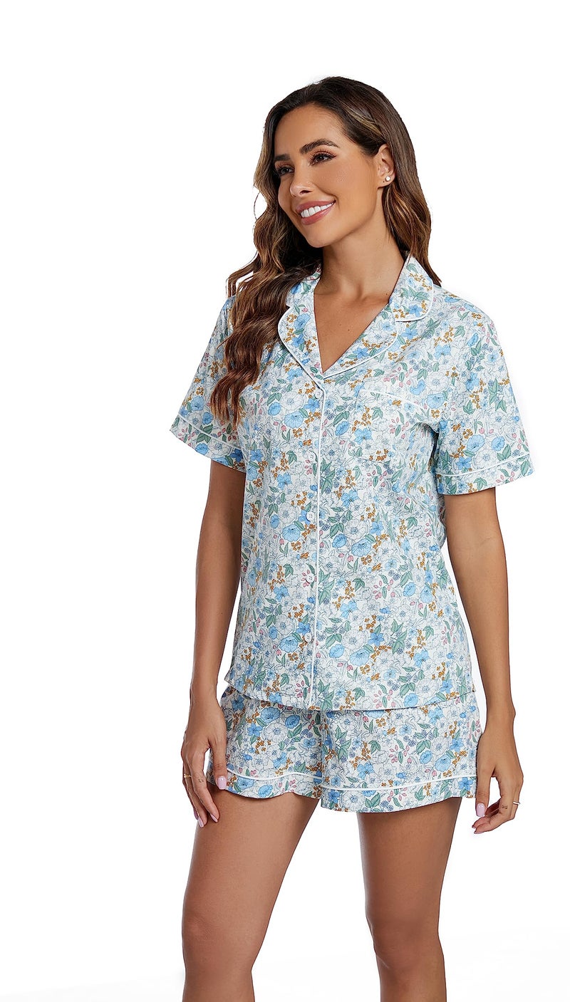 LUBOT 100% Cotton Women's Pajamas Set Short Sleeve Button-Down Shirt PJ Two-piece Set Printed Patterned Summer Night Suit Sleepwear Loungewear (Penoy, M) - Image 5