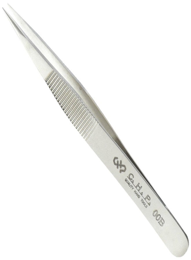 Hakko CHP 00B-SA Fine-Tip Tweezers, Straight, Fine-Point Tips, Non-Magnetic Stainless Steel, Corrosion-Resistant, Serrated Grip, 4-1/2" Length, Silver - Image 1