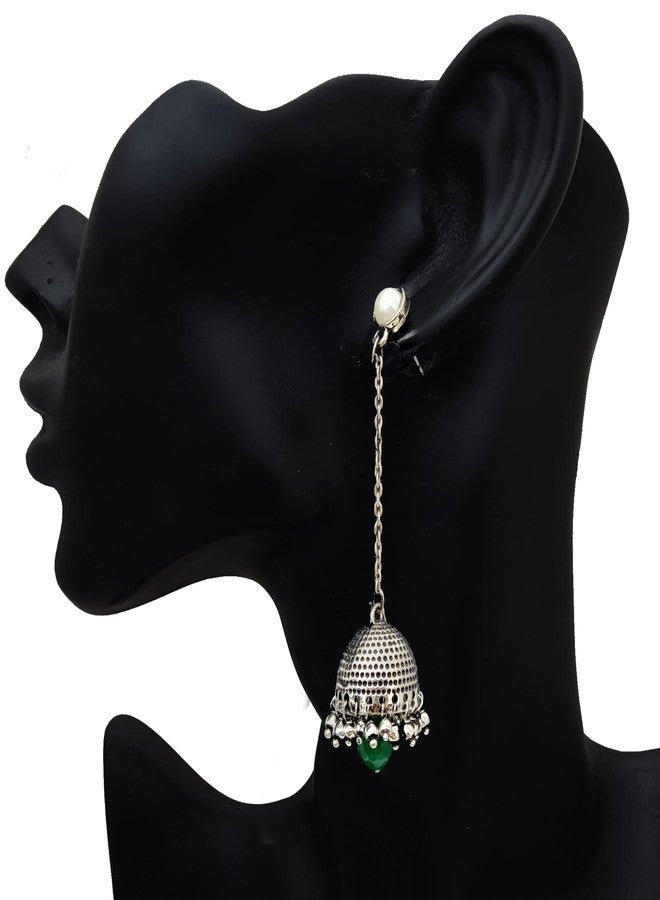 Moonstruck Traditional Long Indian Jhumka Jhumki Golden Dangle Earrings With Pearl For Women (Oxidised Green) - Image 2
