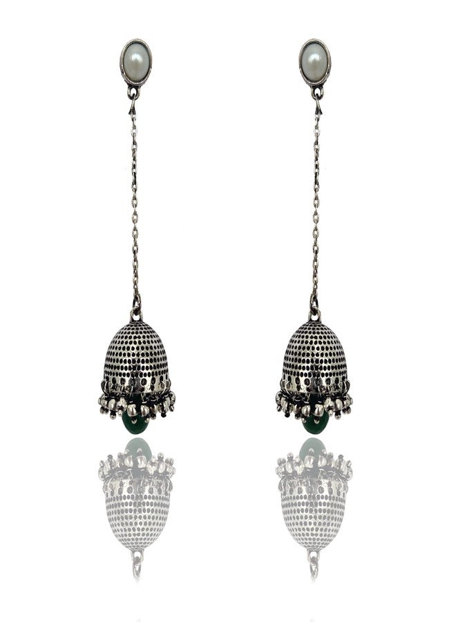 Moonstruck Traditional Long Indian Jhumka Jhumki Golden Dangle Earrings With Pearl For Women (Oxidised Green) - Image 1