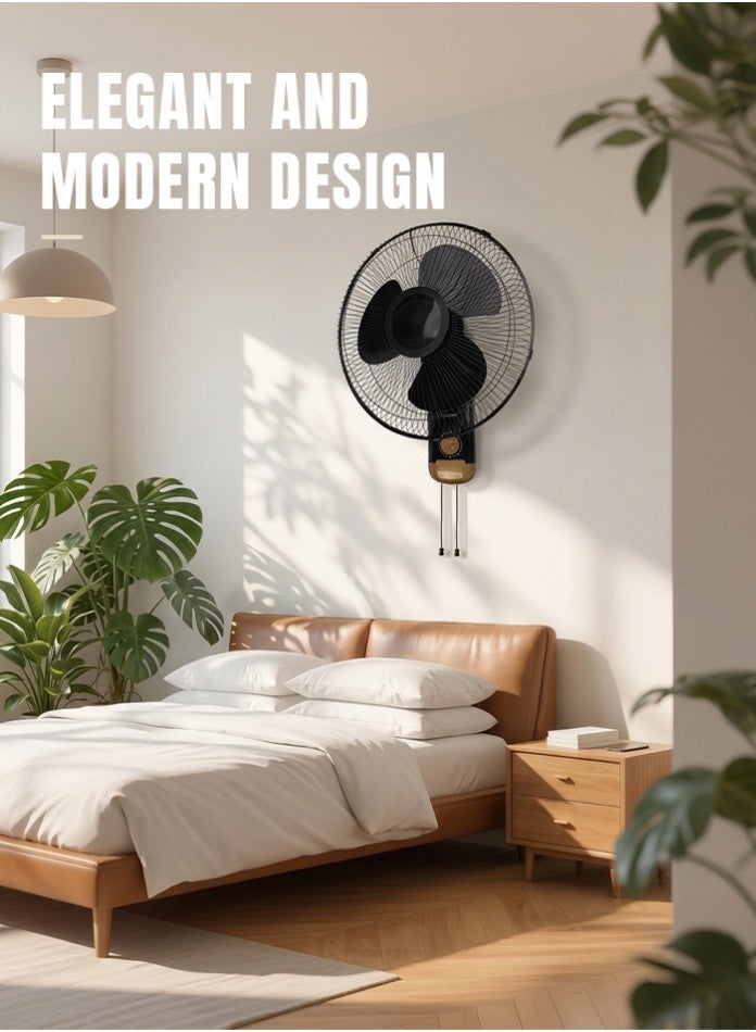 MODI 16" Wall Mounted Fan, 45W High-Power Cooling, 3-Speed Control & Wide Oscillation, Elegant Black & Gold Space-Saving Design - Image 3