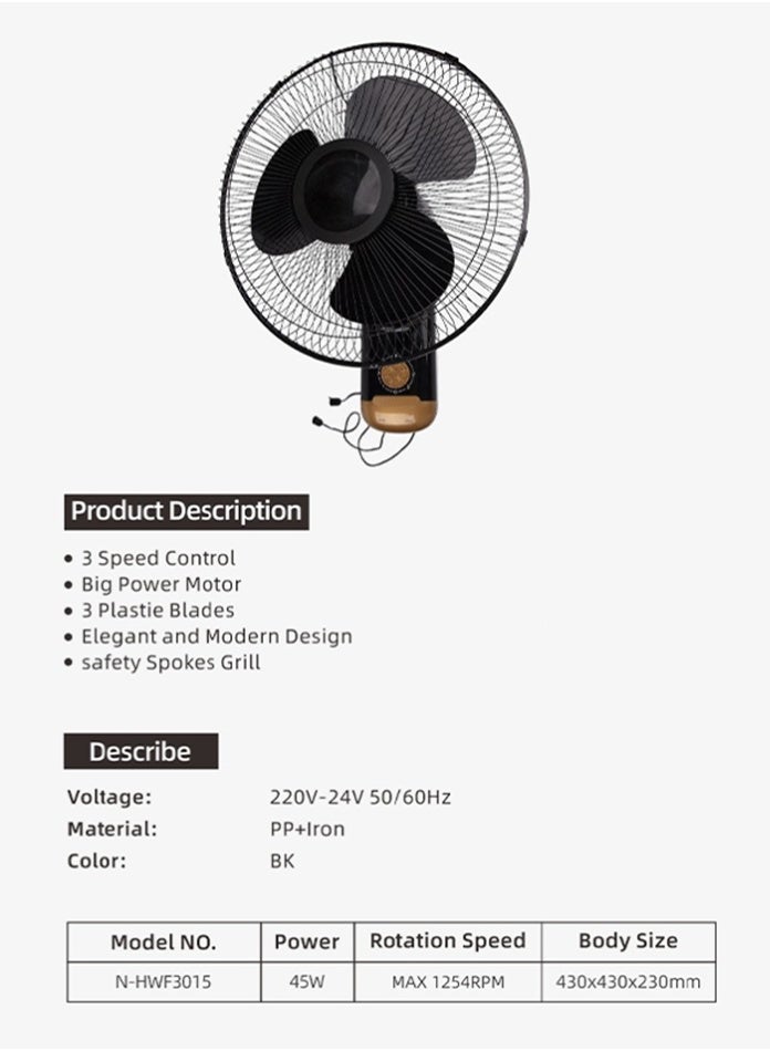 MODI 16" Wall Mounted Fan, 45W High-Power Cooling, 3-Speed Control & Wide Oscillation, Elegant Black & Gold Space-Saving Design - Image 5