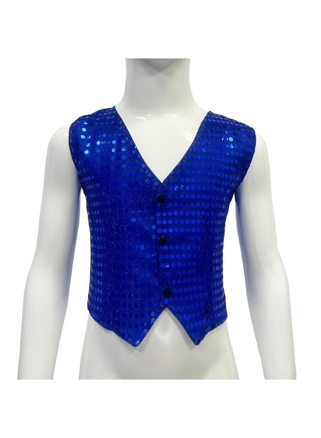 DRHOM Kids Boys Girls Sequins Waistcoat Sleeveless V neckline Hip-Hop Jazz Dance Party Stage Performance Jacket Vest Costume (Blue, 10-12), Blue, 10-12 - Image 2