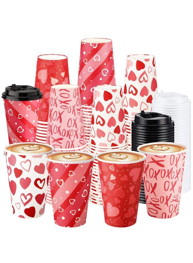 Potchen 100 Pcs Valentine's Day Disposable Coffee Cups with Lids 12oz Red Heart Paper Cups Drinking Holiday Party Supplies for Juice Coffee Hot Cold Beverage Valentine's Day Wedding Party Decoration - Image 1