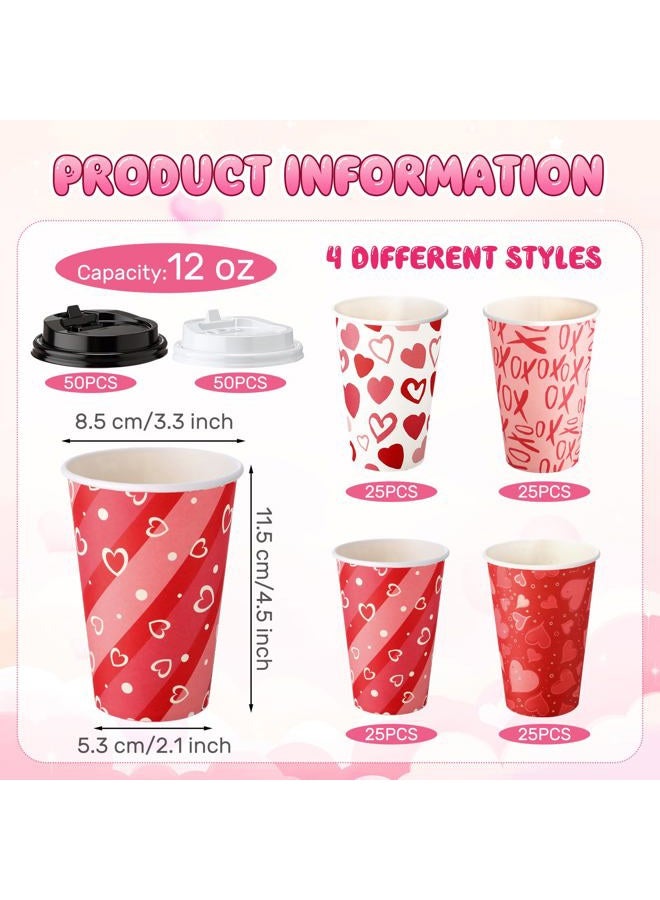Potchen 100 Pcs Valentine's Day Disposable Coffee Cups with Lids 12oz Red Heart Paper Cups Drinking Holiday Party Supplies for Juice Coffee Hot Cold Beverage Valentine's Day Wedding Party Decoration - Image 2