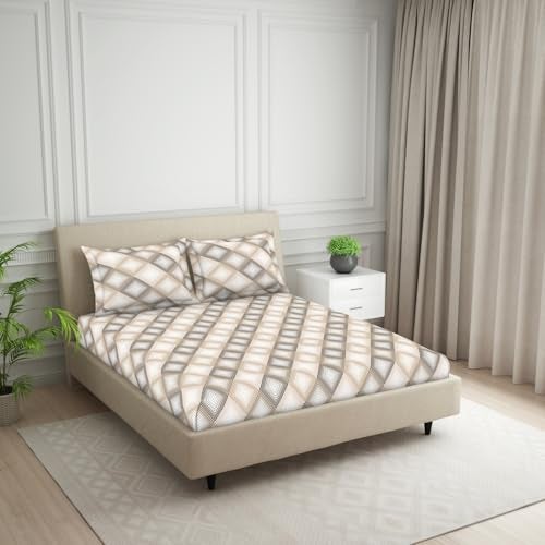 Welspun 120 TC Polycotton Bedsheet for Double Bed with 2 Pillow Cover | Skin Safe & Super Soft King Size Bed Sheet | (108 X 108 Inch) - Geometric Beige | Harmony - Image 2