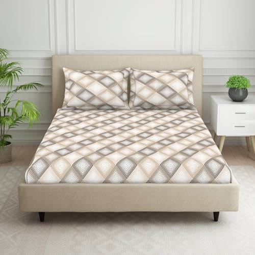 Welspun 120 TC Polycotton Bedsheet for Double Bed with 2 Pillow Cover | Skin Safe & Super Soft King Size Bed Sheet | (108 X 108 Inch) - Geometric Beige | Harmony - Image 1