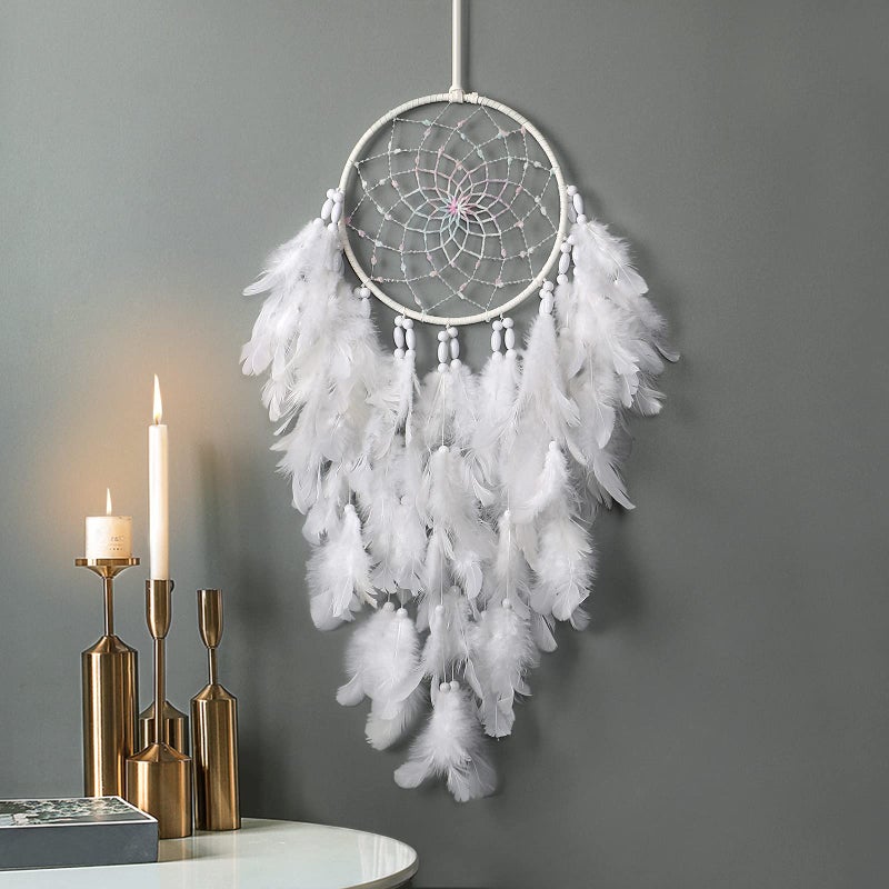 Dremisland White Feathers Dream Catcher Wall Hanging Elegant Wall Art Room Decoration for Windows Balcony Bedroom Wedding Party Gift for Girls and Kids