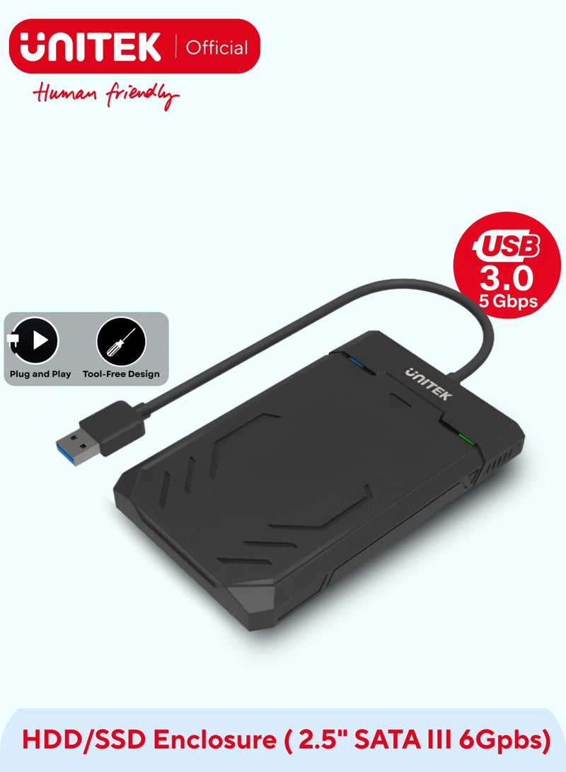 UNITEK 2.5" SATA III HDD/SSD Enclosure – Tool-Free, UASP, LED Status, USB-3.0 5 Gbps SuperSpeed – Integrated Cable - Image 1