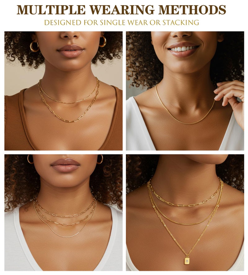 YEEZII 14K Gold Plated Layered Necklaces for Women Trendy, Dainty Choker Paperclip Box Chain Necklace, Stackable Women's Pendant Necklaces Set for Jewelry Gift - Image 5