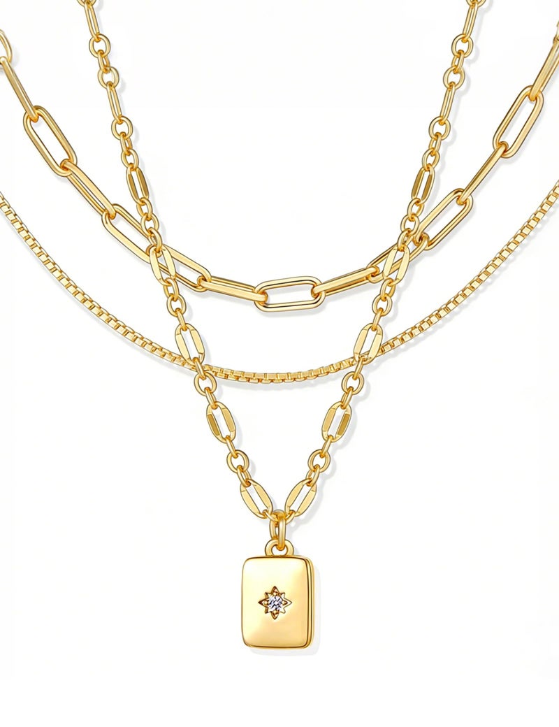 YEEZII 14K Gold Plated Layered Necklaces for Women Trendy, Dainty Choker Paperclip Box Chain Necklace, Stackable Women's Pendant Necklaces Set for Jewelry Gift - Image 1