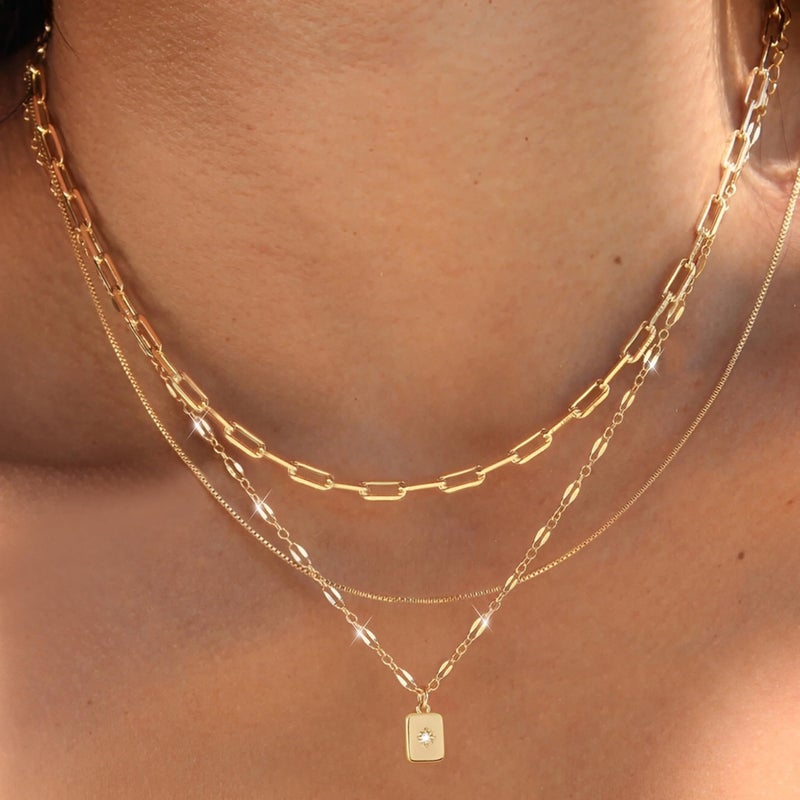 YEEZII 14K Gold Plated Layered Necklaces for Women Trendy, Dainty Choker Paperclip Box Chain Necklace, Stackable Women's Pendant Necklaces Set for Jewelry Gift - Image 2