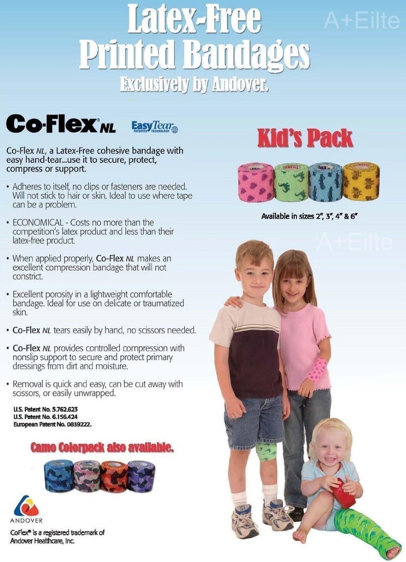 Coflex ANDOVER COFLEX NL Kids Pack 2x5Yds 4PACK Cohesive Flexible Elastic Latex Free Bandage Compression Self Adherent Wrap Bright Color Neon Purple Yellow Blue For Children Animals Pets Cats Dogs Horses 5200KP - Image 1
