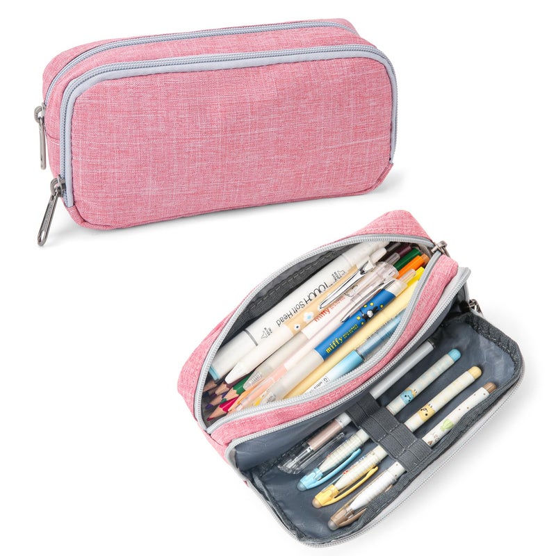 Della Gao Big Capacity Pencil Case, Scratch-resistant Nylon Pencil Bag Aesthetic Pencil Pouch Travel Simple Stationery Bag Office Organizer Pen Bag for Women - Pink - Image 1