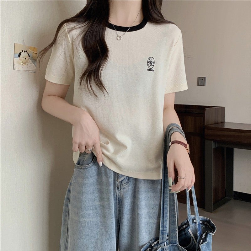 Cross-Border K-Style Contrasting Color Pure Cotton Short-Sleeved T-Shirt for Women in Summer Slimming Look Half-Sleeved Bottoming Shirt Embroidered Top Ins - Image 2